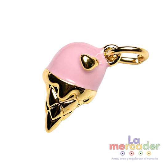 Dije Helado Rosa Chapa de Oro 14k con Esmaltado | Charm Ice Cream 13 mm para Pulseras y Collares