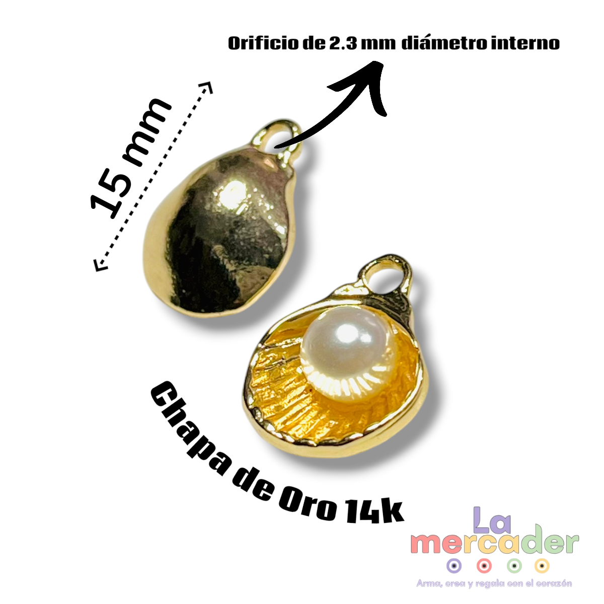 Dije Concha con Perla Chapa de Oro 14k | Charm Elegante 15 mm para Pulseras y Collares