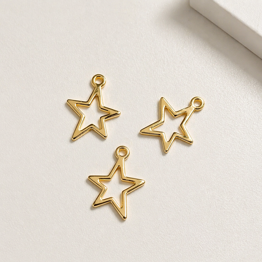 3 piezas Dije Estrella Chapa de Oro 14k | Charm Estrella 14 mm para Pulseras y Collares