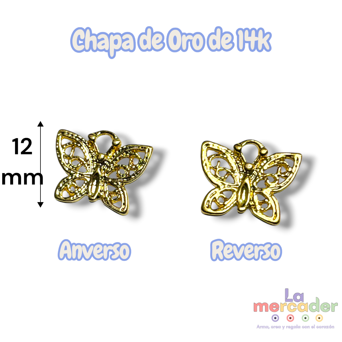 Dije Mariposa Calada Chapa de Oro 14k | Charm Mariposa 12 mm para Pulseras y Collares