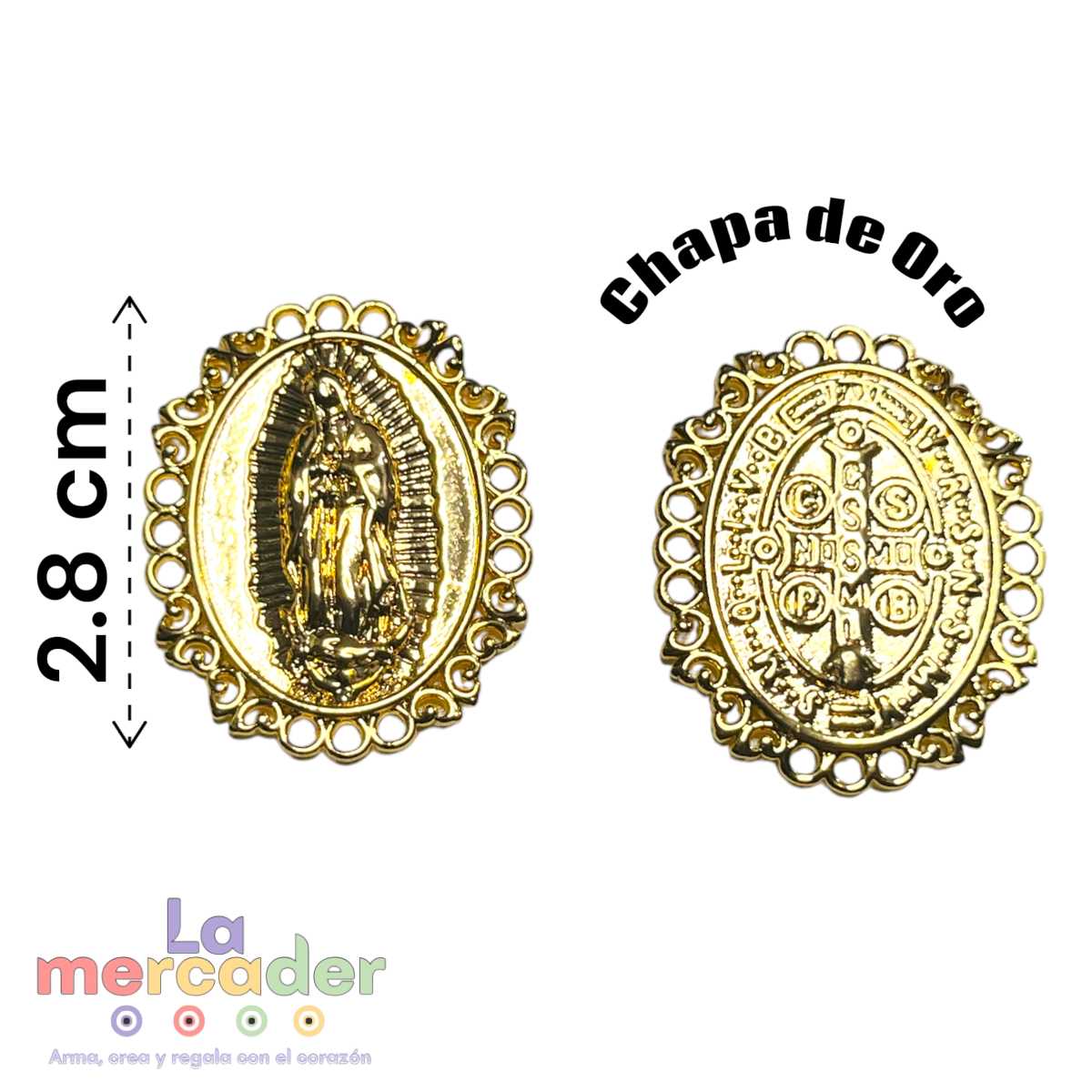 Dije Virgen de Guadalupe y San Benito Chapa de Oro 14k | Medalla Religiosa 28 mm para Pulseras y Collares