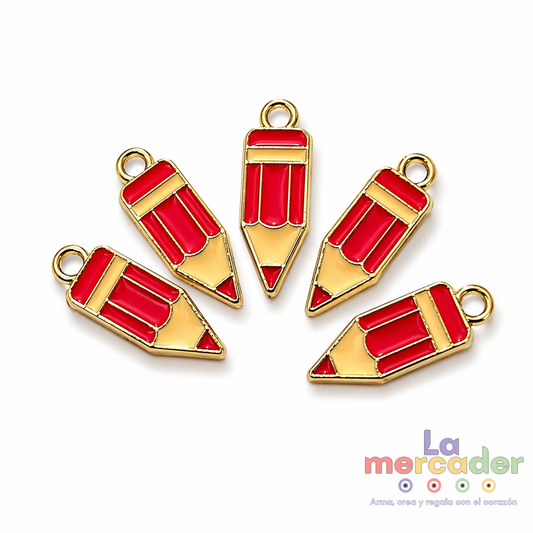 5 pz Dije Lápiz Esmaltado 18 mm | Charm Escolar Metálico para Pulseras y Collares