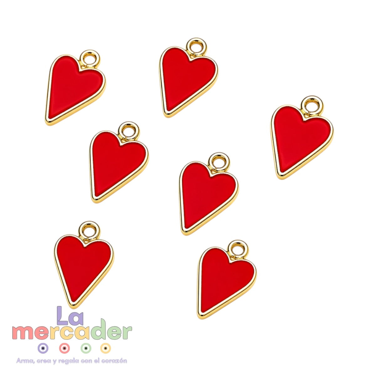 7 pz Dijes Corazón Rojo Esmaltado | Charm Metálico Dorado para Pulseras, Collares y Llaveros