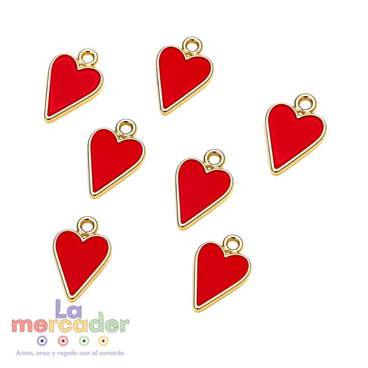 7 pz Dijes Corazón Rojo Esmaltado | Charm Metálico Dorado para Pulseras, Collares y Llaveros