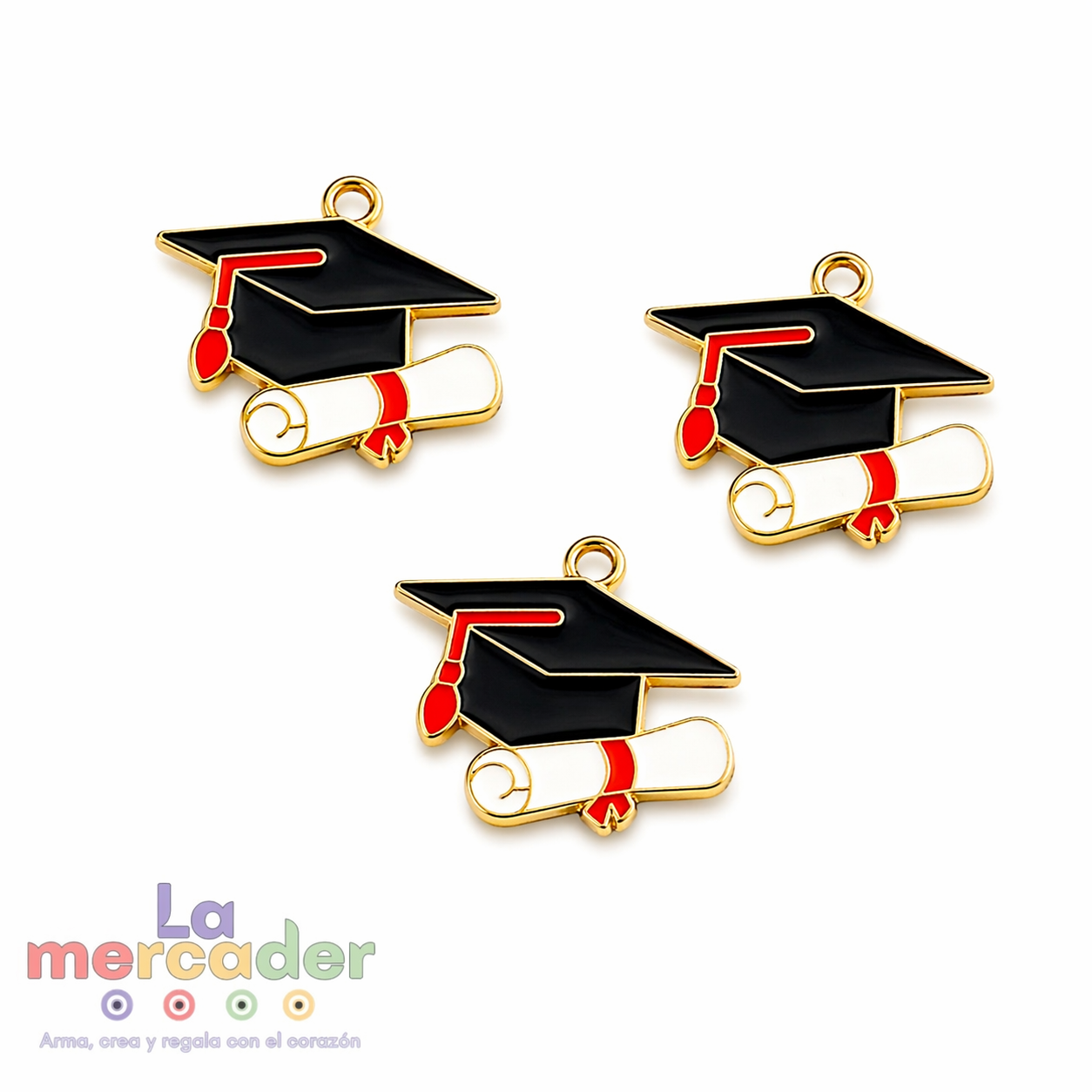3 pz Dijes Birrete de Graduación 23 mm | Charm Metálico Esmaltado para Pulseras y Recuerdos Escolares