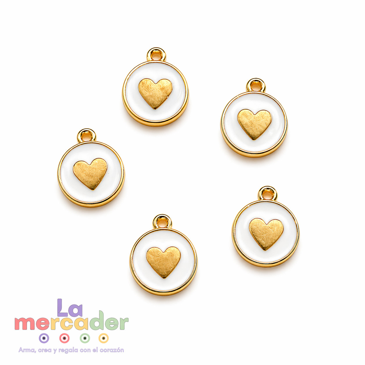5 pz Dijes Corazón Dorado con Fondo Blanco | Charm Redondo Metálico Elegante para Pulseras y Collares