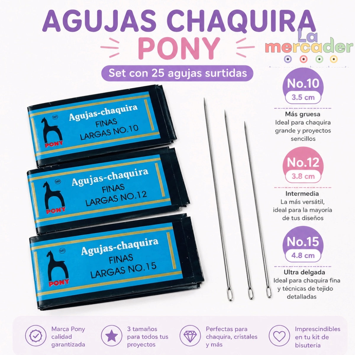 25 pz Agujas para Chaquira Pony No.10, 12 y 15  | Agujas finas para bisutería y tejido