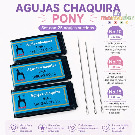 25 pz Agujas para Chaquira Pony No.10, 12 y 15  | Agujas finas para bisutería y tejido