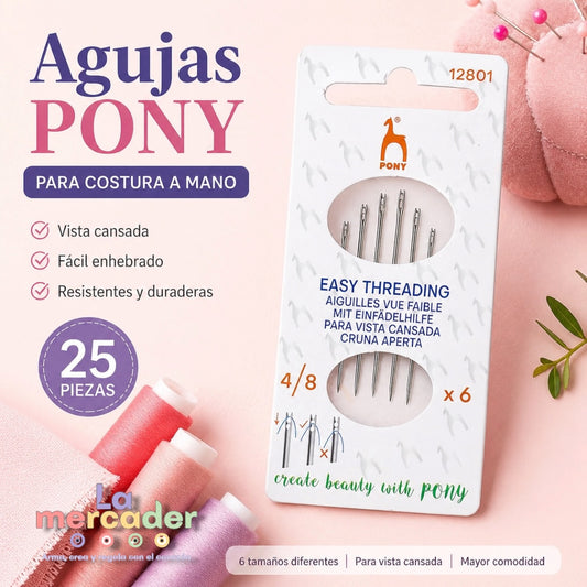 6 pz Agujas Pony Enhebrado Fácil 4/8 | Ojillo Abierto para Vista Cansada | Costura a Mano
