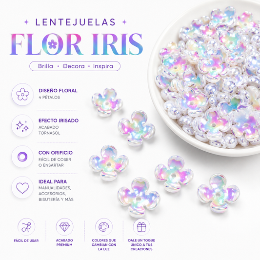 ✨ Pack 50 Flores Acrílicas Tornasol “Flor Iris” 17mm | Lentejuela Flor 4 Pétalos para Bisutería y Manualidades