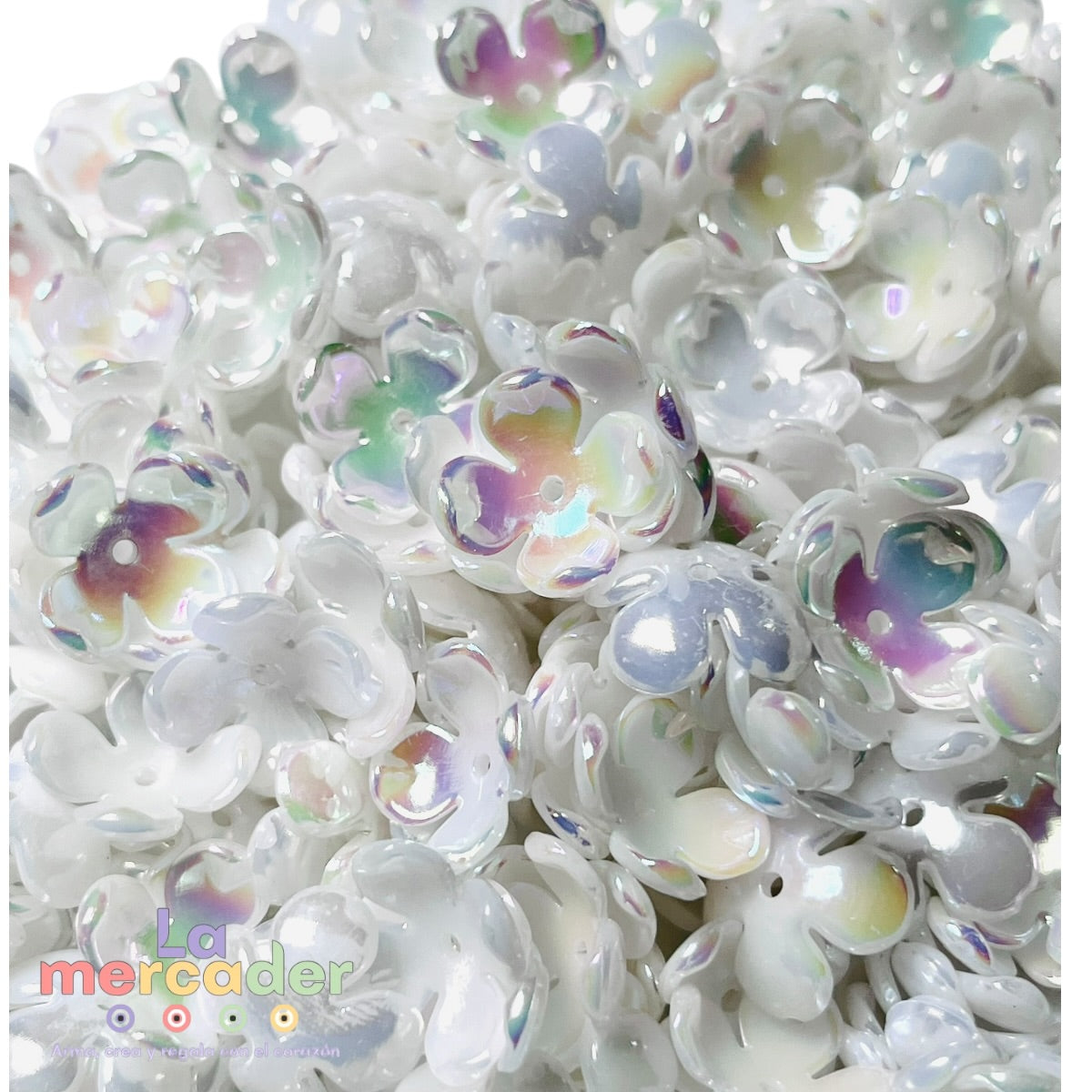 ✨ Pack 50 Flores Acrílicas Tornasol “Flor Iris” 17mm | Lentejuela Flor 4 Pétalos para Bisutería y Manualidades