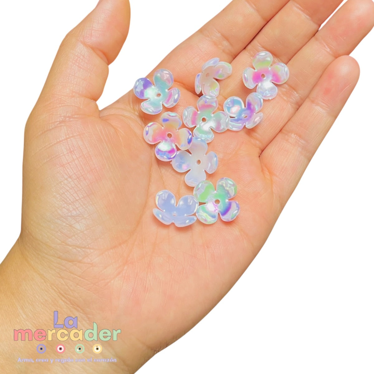 ✨ Pack 50 Flores Acrílicas Tornasol “Flor Iris” 17mm | Lentejuela Flor 4 Pétalos para Bisutería y Manualidades