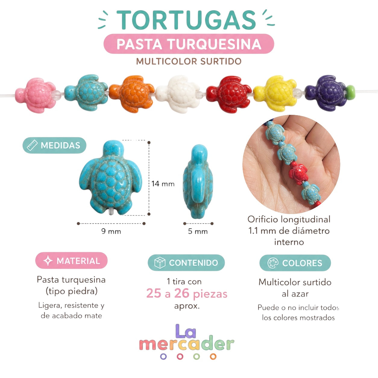 Tortugas de Pasta Turquesina 14 mm Multicolor | Tira 25-26 pz para Pulseras, Collares y Bisutería Playera