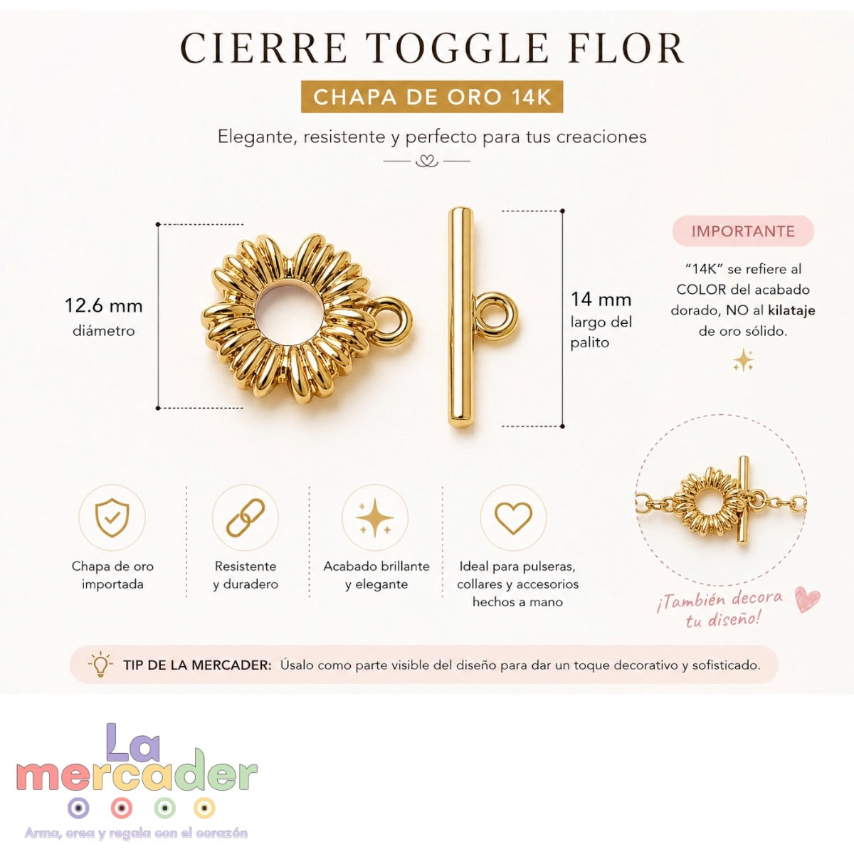 Cierre Toggle Flor Chapa de Oro 14K ✨ Broche Tipo T Floral para Pulseras y Collares | Herrajes para Bisutería