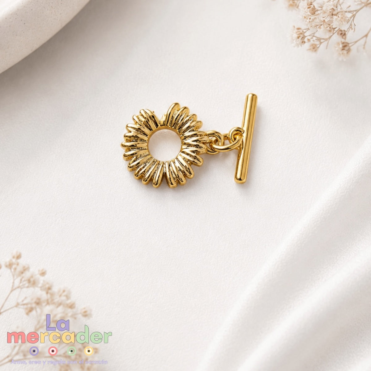 Cierre Toggle Flor Chapa de Oro 14K ✨ Broche Tipo T Floral para Pulseras y Collares | Herrajes para Bisutería