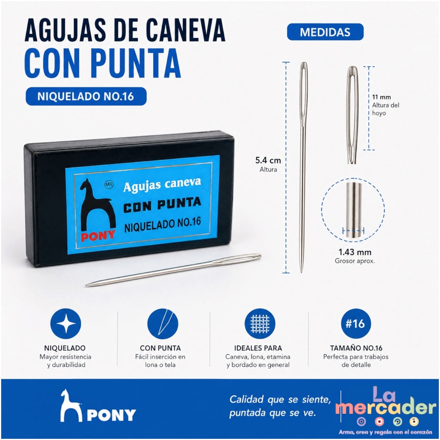 Paq. 25 Agujas de Caneva No.16 Con Punta /Pony Bordado Costura