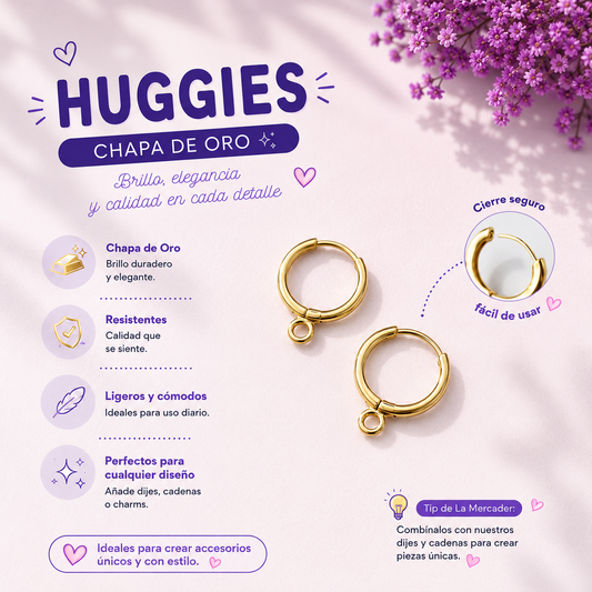 2 pz Arracadas, Huggies 12mm en chapa de oro