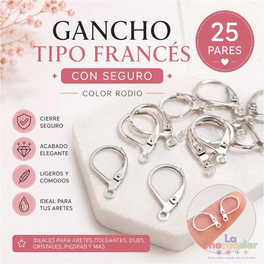 50 pz Gancho Tipo Francés con Seguro Color Rodio para Aretes | Leverback | Paquete 25 Pares