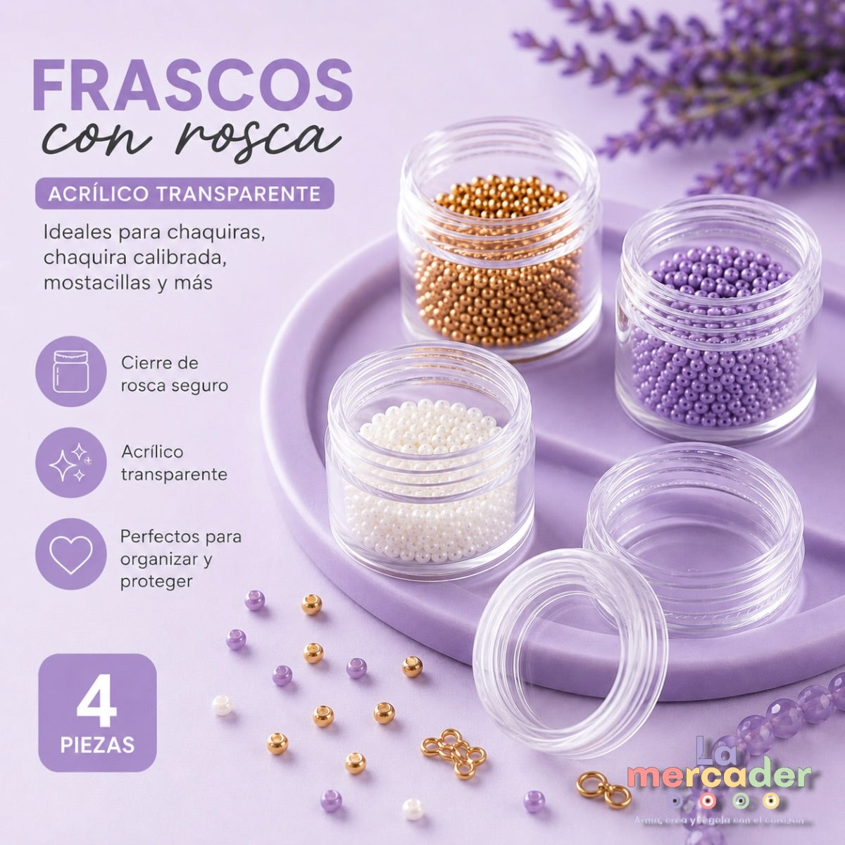 Frascos Acrílicos Transparentes con Rosca 3x2.2cm | Pack de 4 Piezas para Chaquira, Mostacillas y Bisutería