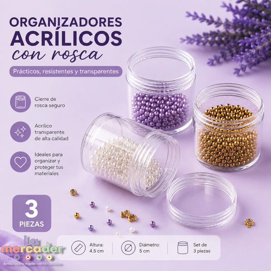 Organizadores Acrílicos Transparentes con Rosca 3.8x3cm | Pack de 3 Frascos para Chaquira, Mostacillas y Bisutería