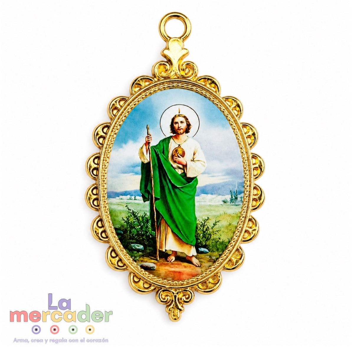 Medalla San Judas Tadeo Metal Dorada Doble Vista 5cm