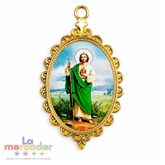 Medalla San Judas Tadeo Metal Dorada Doble Vista 5cm