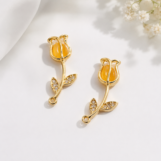 6 pz Dije Tulipán Dorado con Cristales y Piedra Natural