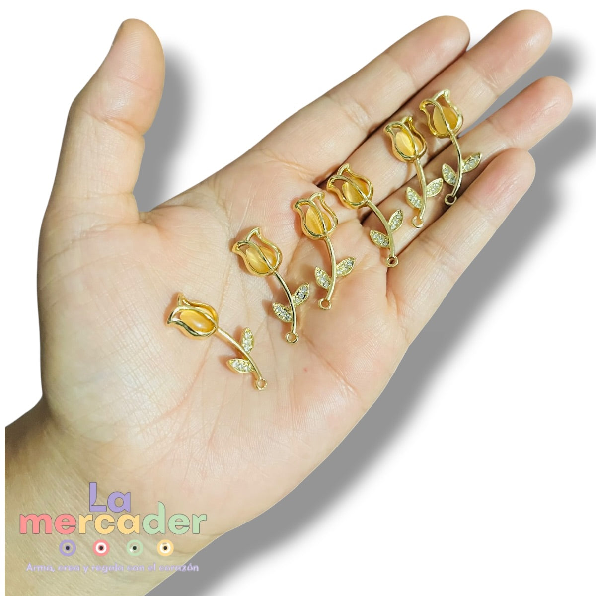 6 pz Dije Tulipán Dorado con Cristales y Piedra Natural
