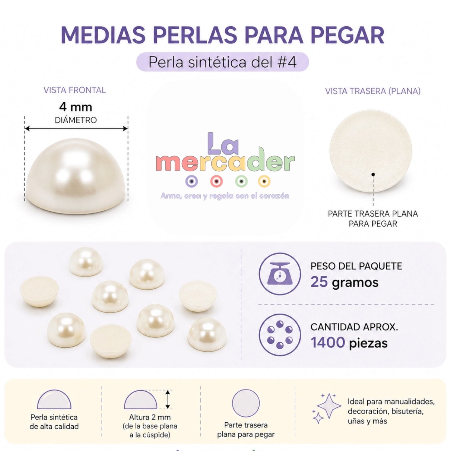 Medias Perlas Para Pegar #4 4mm Blancas | Pack 25g ≈ 1400 Piezas
