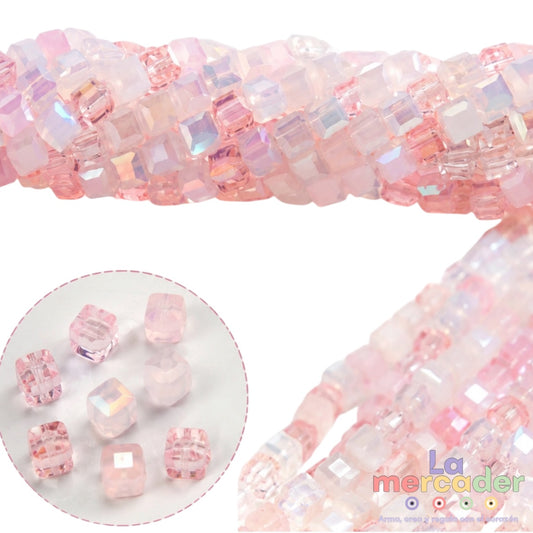 Cristal Cubo Facetado 4mm Rosa Opalino | Tira 94-97 Piezas