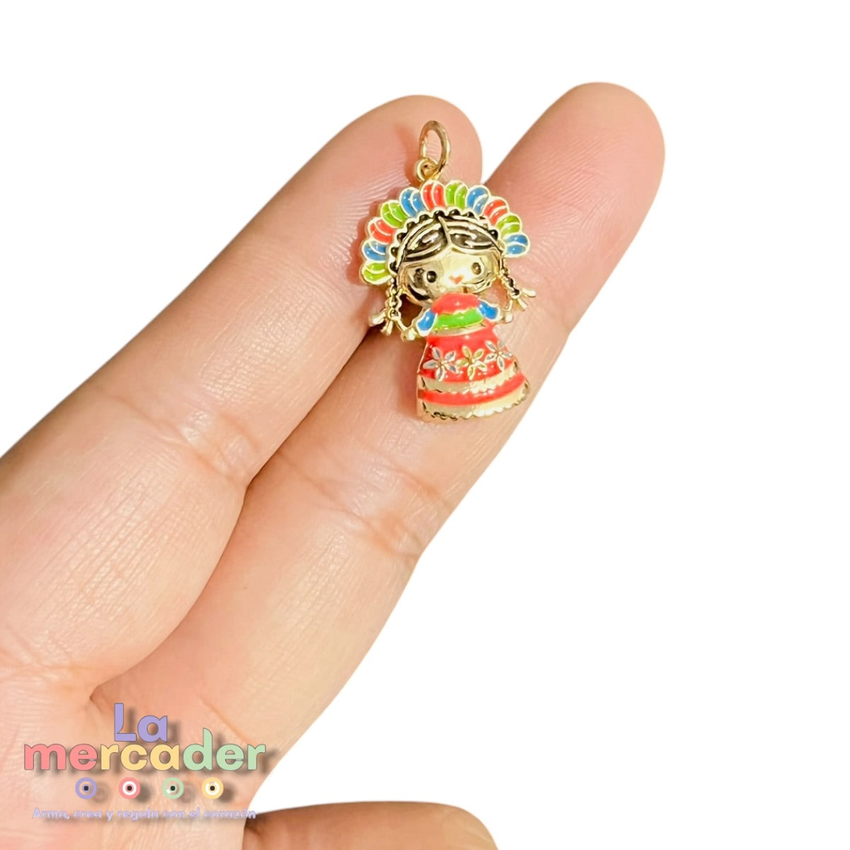 Dije Niña Mexicana Chapa de Oro con Esmalte | Charm 2.4 cm para Bisutería