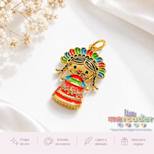 Dije Niña Mexicana Chapa de Oro con Esmalte | Charm 2.4 cm para Bisutería