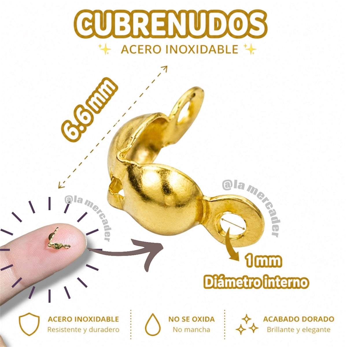 Cubrenudos Acero Inoxidable Dorado 6.6mm | Terminal Cubre Nudos para Bisutería