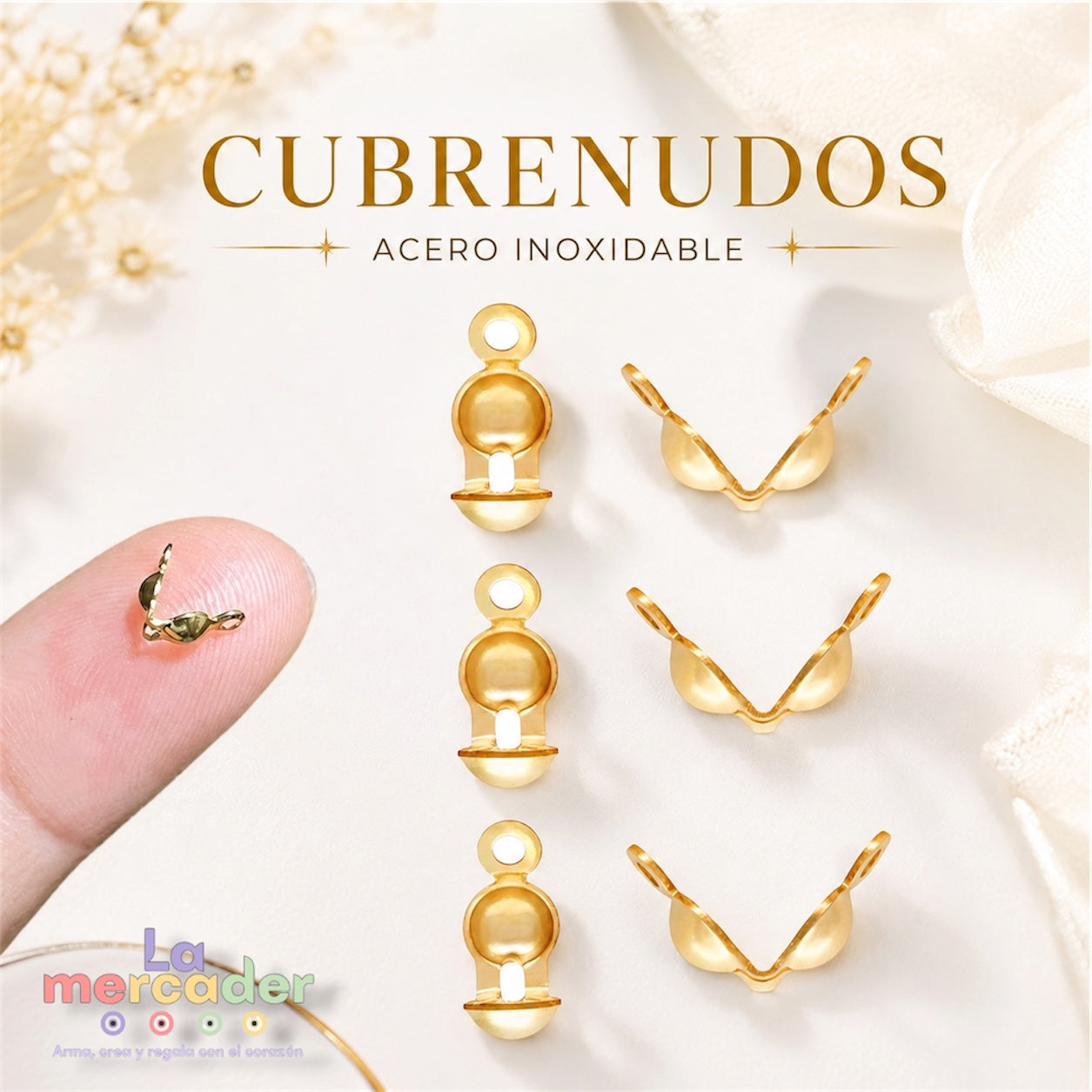 Cubrenudos Acero Inoxidable Dorado 6.6mm | Terminal Cubre Nudos para Bisutería