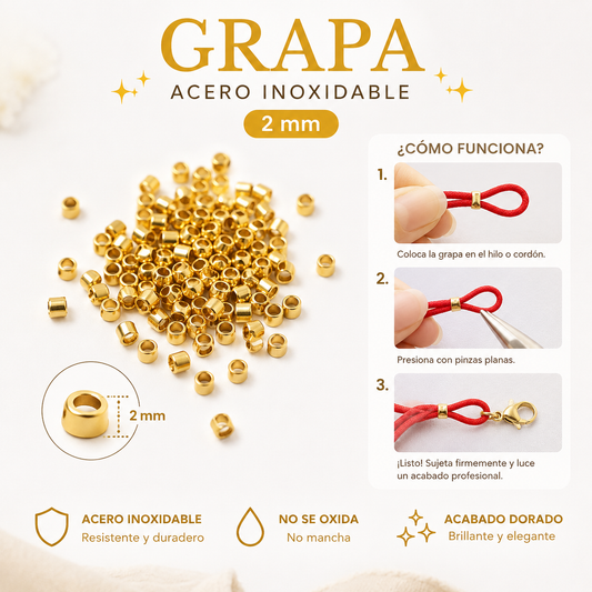 100 piezas Grapa Crimp Acero Inoxidable Dorada 2mm para Bisutería