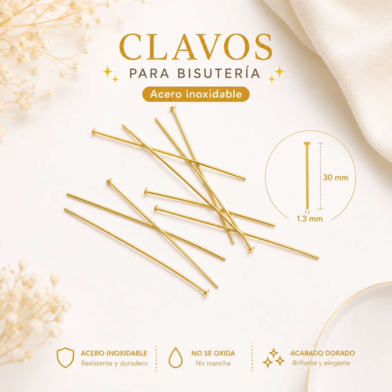 Clavos de Cabeza Acero Inoxidable Dorados 30mm para Bisutería | 50 Piezas