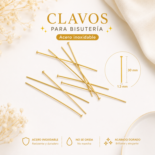 Clavos de Cabeza Acero Inoxidable Dorados 30mm para Bisutería | 50 Piezas