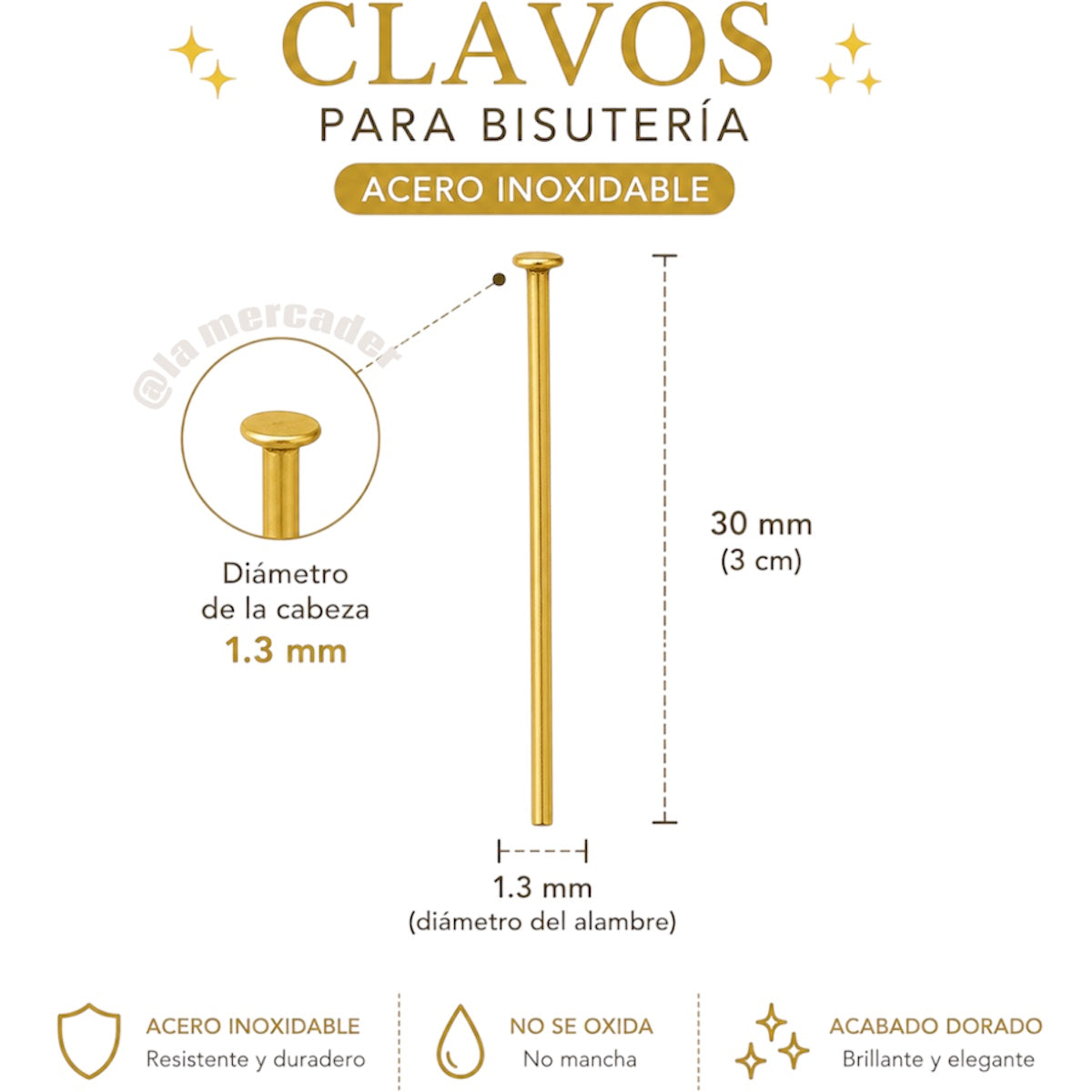 Clavos de Cabeza Acero Inoxidable Dorados 30mm para Bisutería | 50 Piezas