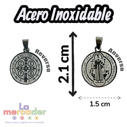 Medalla San Benito Acero Inoxidable con Porta Dije | 15 mm y 18 mm | Dije Religioso