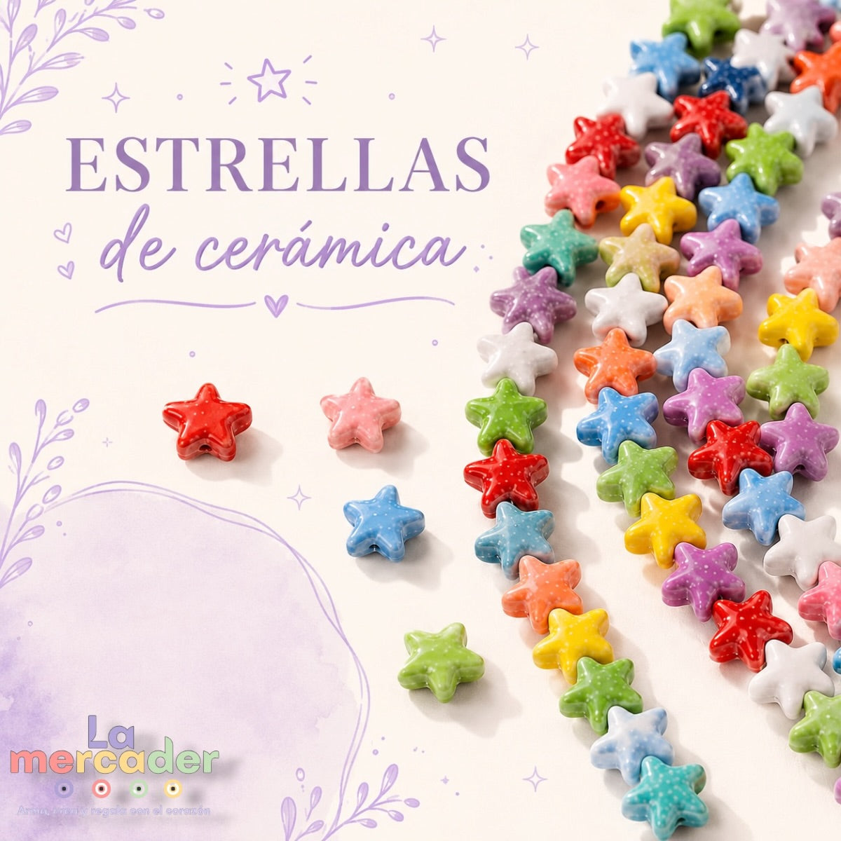 Tira 25 piezas Estrellas de Cerámica 15 mm para Bisutería acabado Brillante