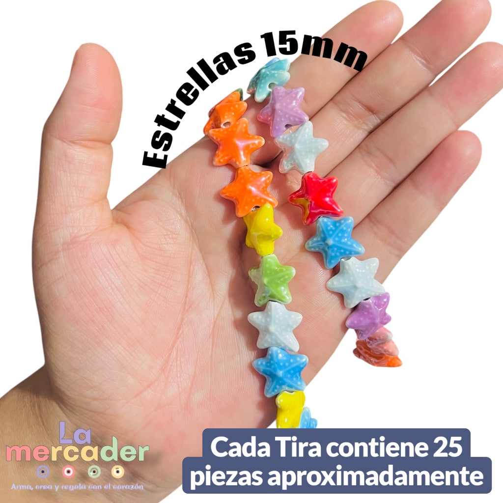 Tira 25 piezas Estrellas de Cerámica 15 mm para Bisutería acabado Brillante