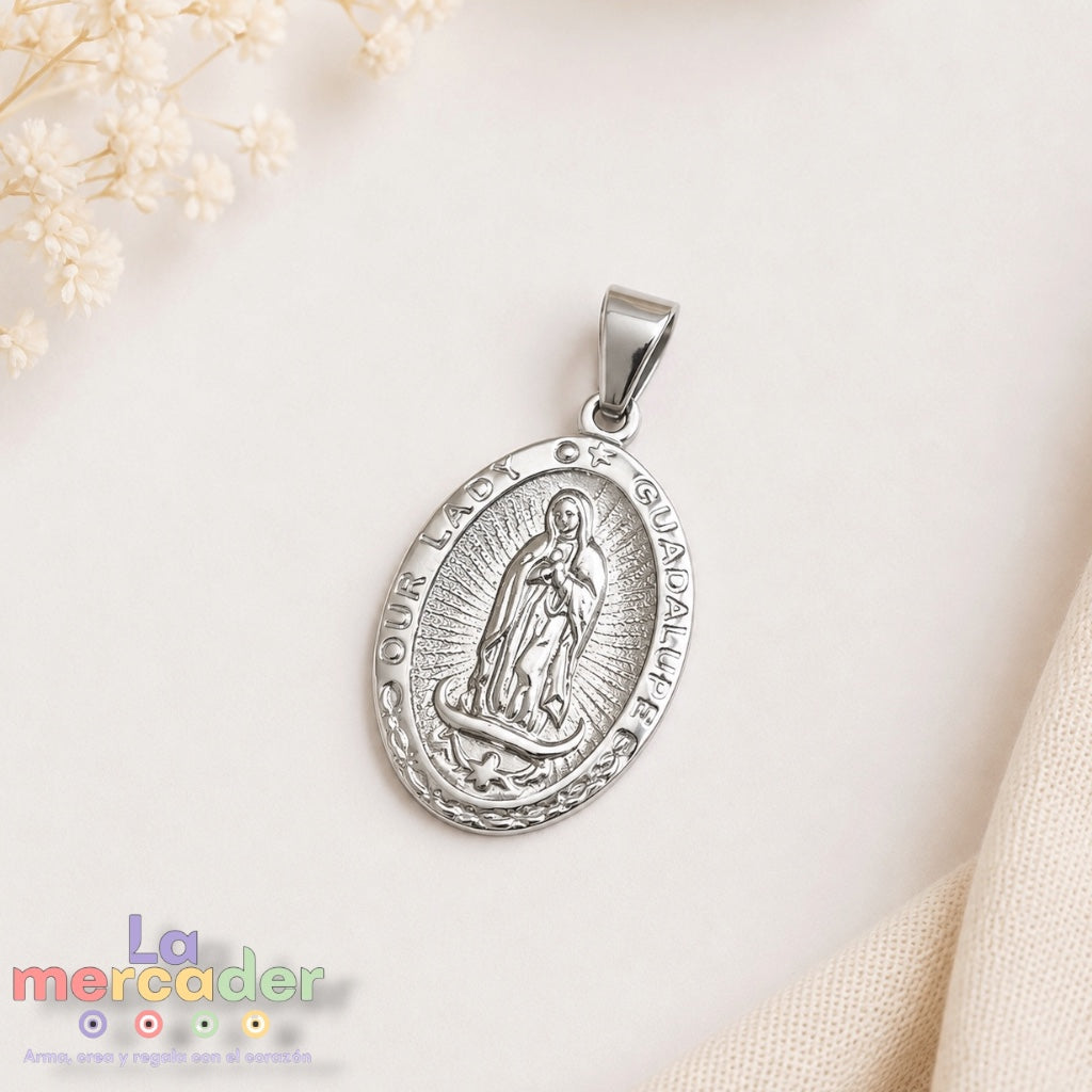Dije Virgen de Guadalupe Acero Inoxidable 2.7 cm | Medalla Religiosa con Porta Dije