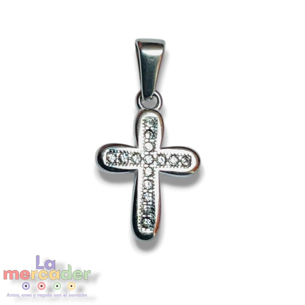 Dije Cruz de Acero Inoxidable con Microcirconias 27 mm | Colgante Religioso Plateado