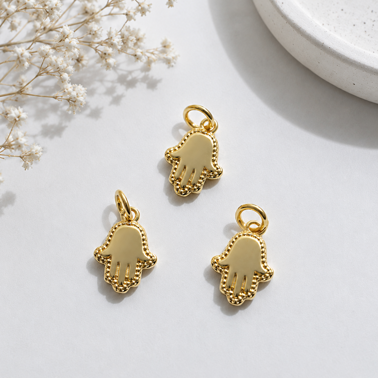 Dije Mano de Fátima Chapa de Oro 14K para Bisutería 12mm