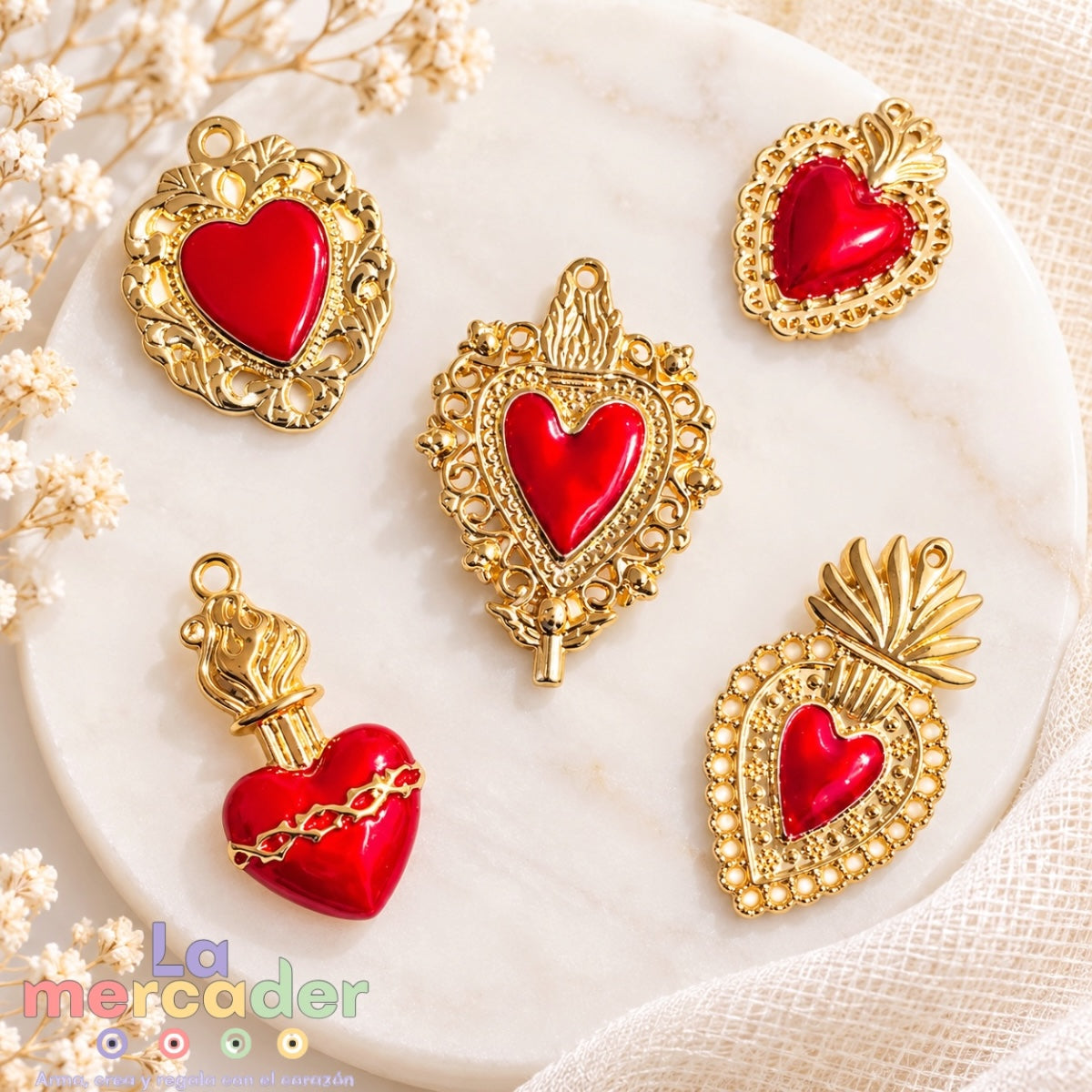 5 pz Dijes Milagritos Sagrado Corazón de Latón – Diseños Surtidos