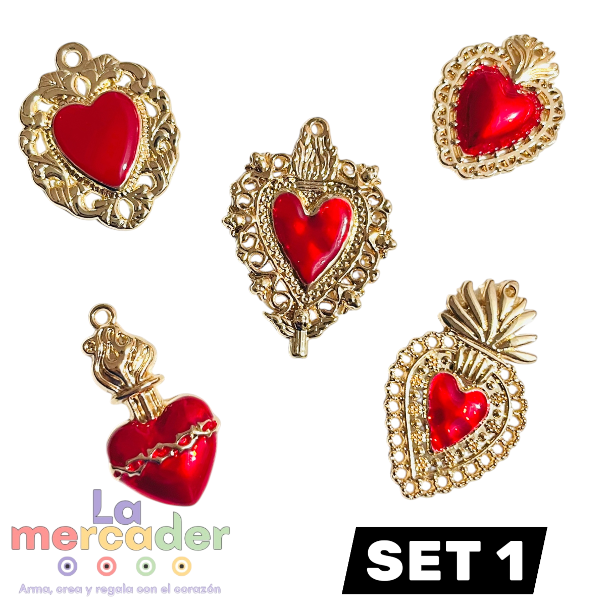 5 pz Dijes Milagritos Sagrado Corazón de Latón – Diseños Surtidos