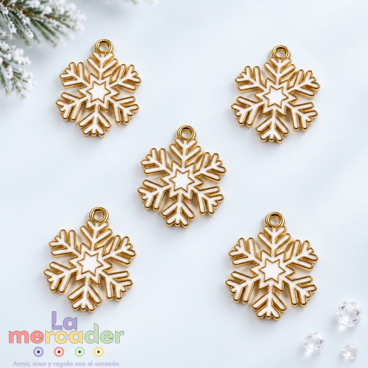 Pack de 5 Dijes Copo de Nieve Metálicos Esmaltados de 2 cm para Bisutería Navideña