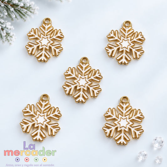 Pack de 5 Dijes Copo de Nieve Metálicos Esmaltados de 2 cm para Bisutería Navideña