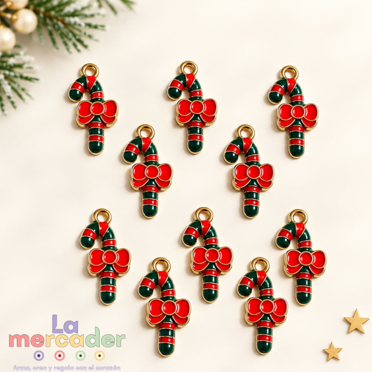 Pack de 10 Dijes Bastón de Caramelo Navideño Metálicos Esmaltados para Bisutería