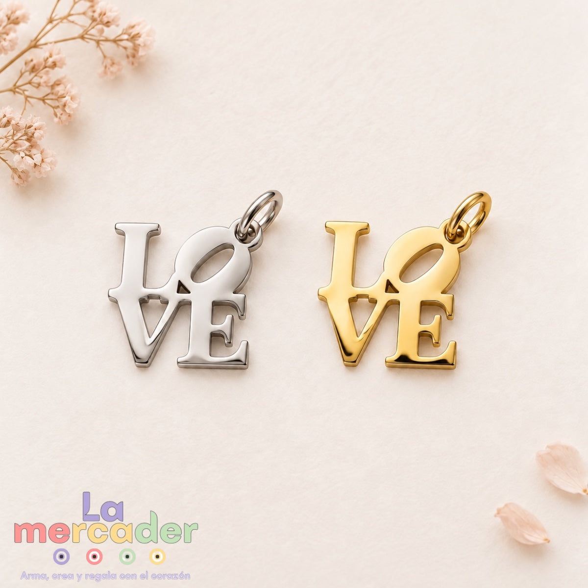 Dije LOVE de Acero Inoxidable Pulido 1.5 cm | Dorado y Plateado
